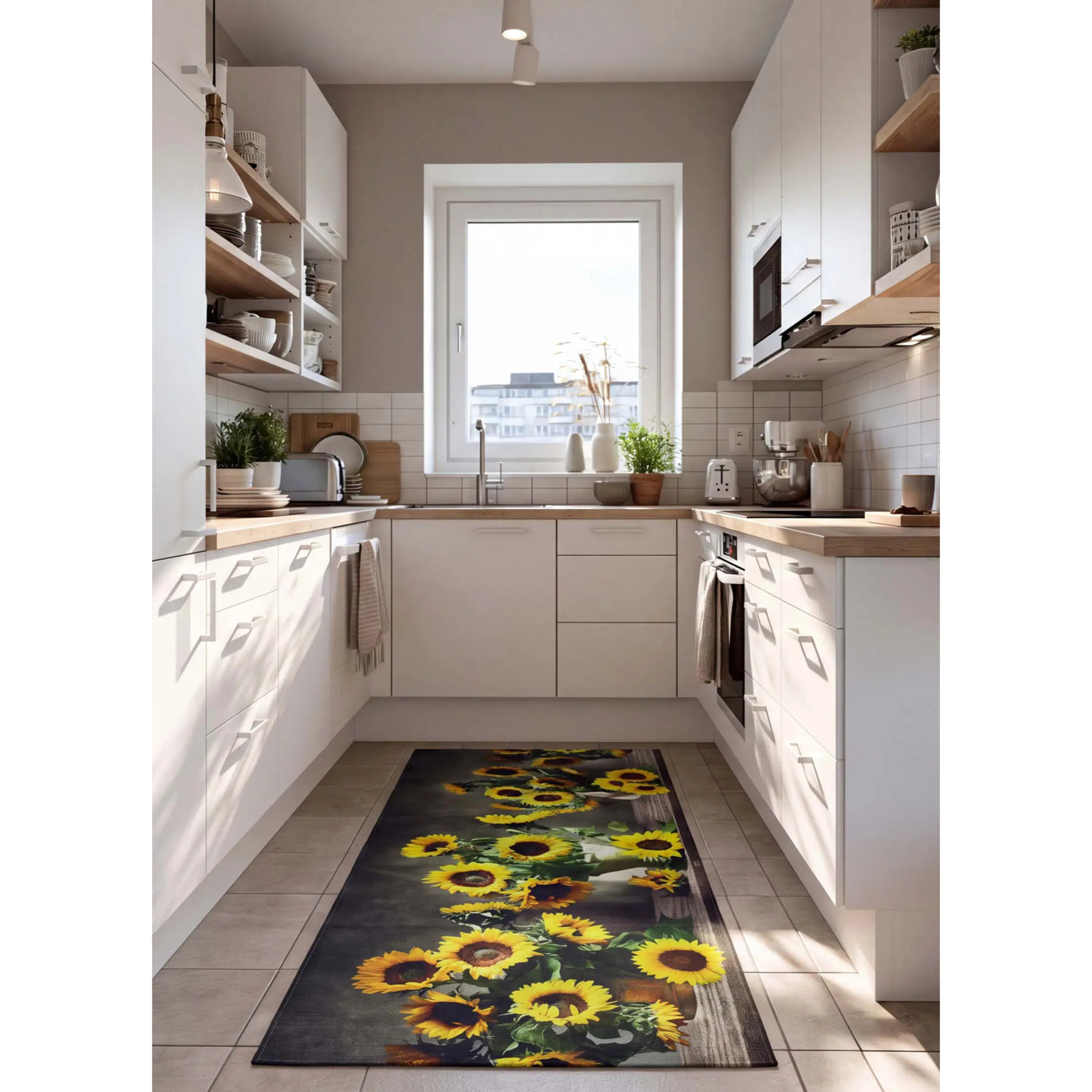 RICCI Alfombra vinílica de cocina diseño con flores en amarillo, varias medidas disponibles.