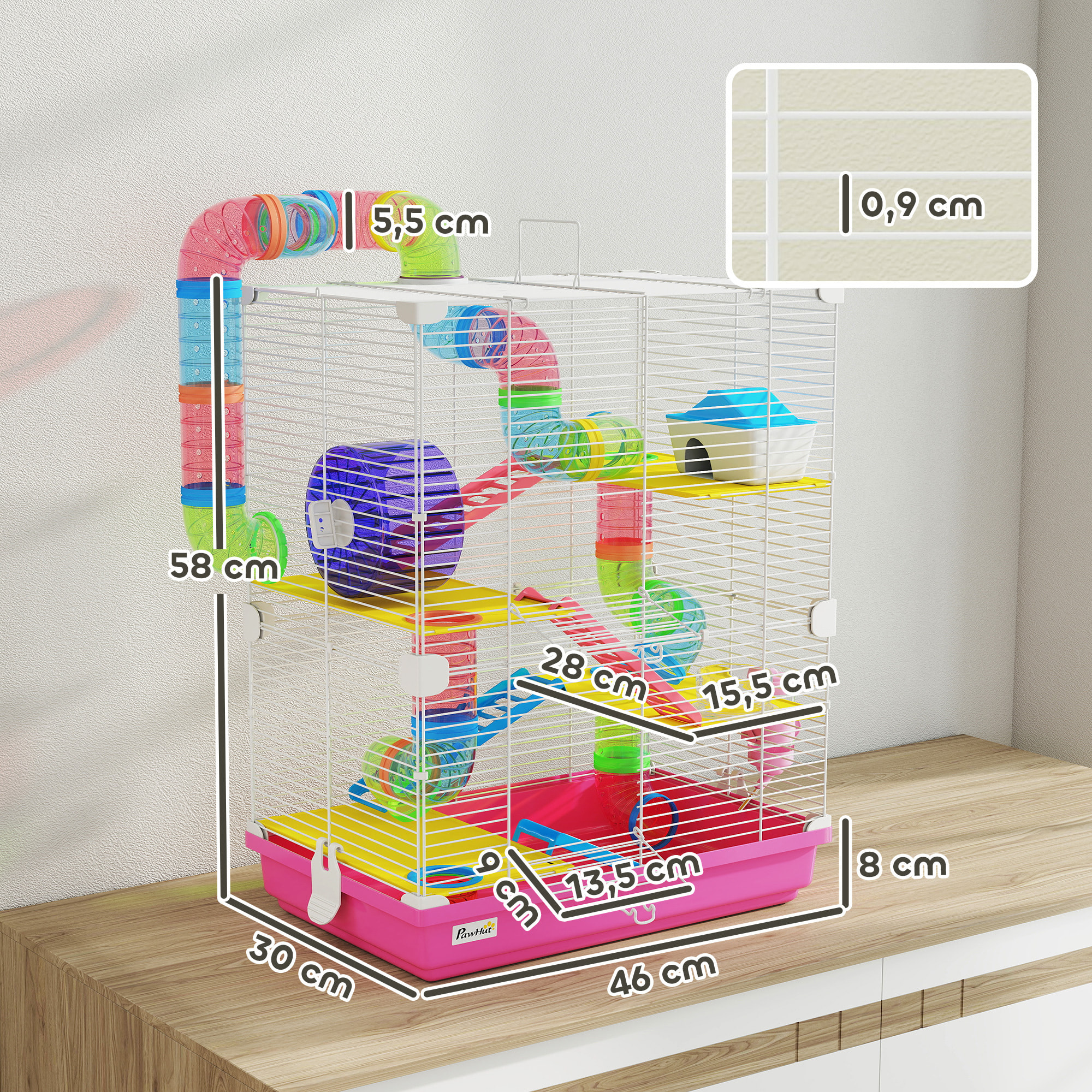Jaula para Hámster de 5 Niveles, Casa para Roedores Pequeños con Túnel, Plataformas, Cuenco, Bebedero, Casita, Rampas y Rueda de Ejercicio, para Jerbos, 46x30x58cm Rosa