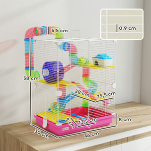 Jaula para Hámster de 5 Niveles, Casa para Roedores Pequeños con Túnel, Plataformas, Cuenco, Bebedero, Casita, Rampas y Rueda de Ejercicio, para Jerbos, 46x30x58cm Rosa