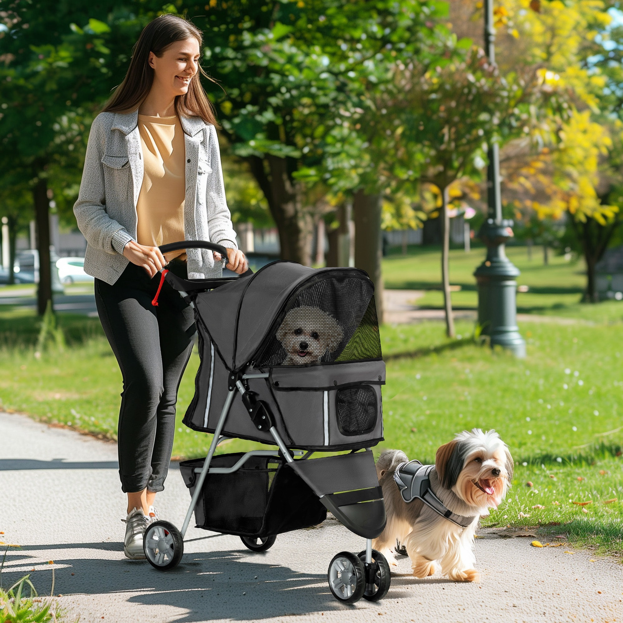 Cochecito para Perros Plegable Carrito para Mascotas Carrito para Perros Pequeños con Cesta de Almacenaje Ventanas de Malla Portavasos Cinturón de Seguridad Carga 15 kg 75x45x97 cm Gris Oscuro