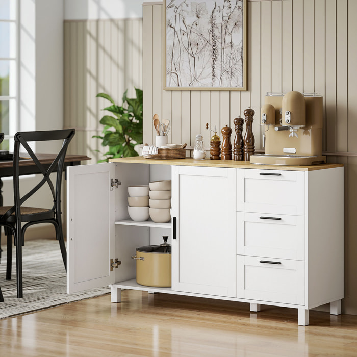 Aparador 2 Puertas, Aparador para Salón Moderno, con 3 Cajones, Estante Ajustable y Patas de Madera, para Comedor, Entrada, Dormitorio, 120x38x76 cm, Blanco