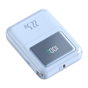 Powerbank 10.000mAh con carica rapida PD22,5W e carica wireless di 15W. Cavi USB-C e Lightning integrati. Schermo LED di carica.