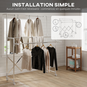 Séchoir à linge pliable réglable étendoir 3 barres 4 roulettes dim. L.104-150 x P.103 x H.145-197 cm acier inox