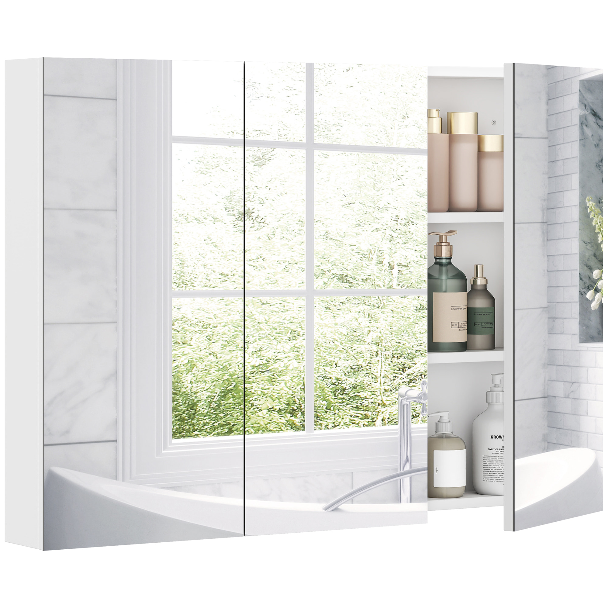 Armario de Baño con Espejo Armario de Pared Mueble de Baño Colgar con 3 Puertas Estantes Ajustables 91,5x11,5x65 cm Blanco
