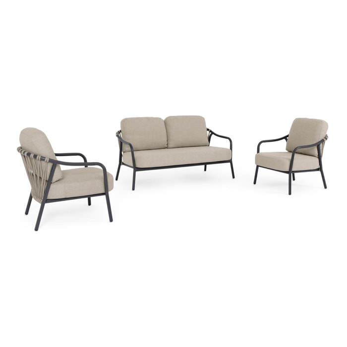 Set salotto da giardino PAMPLONA con cuscini beige, schienali in corda e struttura antracite, 3 pezzi