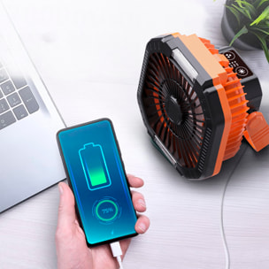 Ventilador P10 con motor sin escobillas, LED con 16 luces, 4 velocidades, 3 niveles de luz y 3 temporizadores. Incluye mando y powerbank de 7800 mAh.