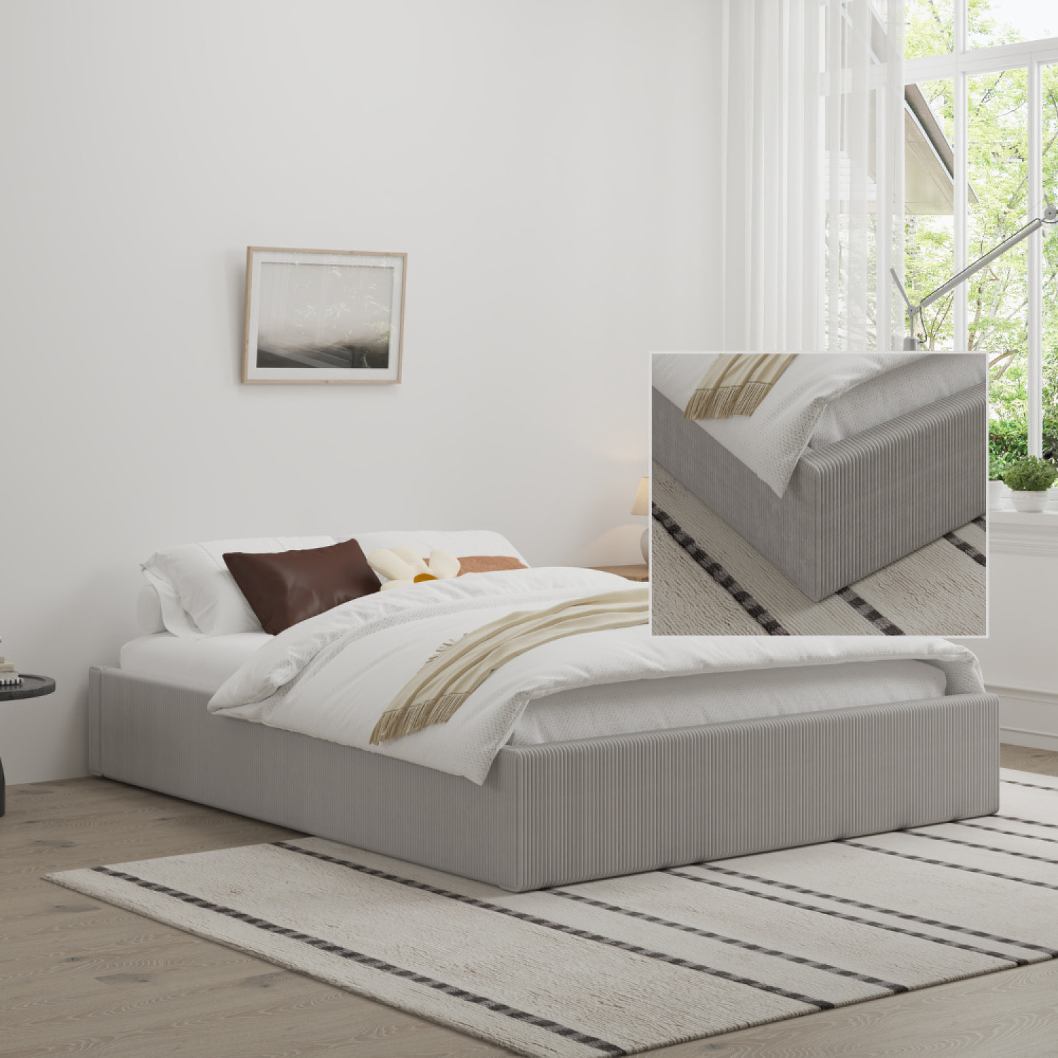 ABATE Lit avec coffre de rangement 140x190cm velours côtelé gris