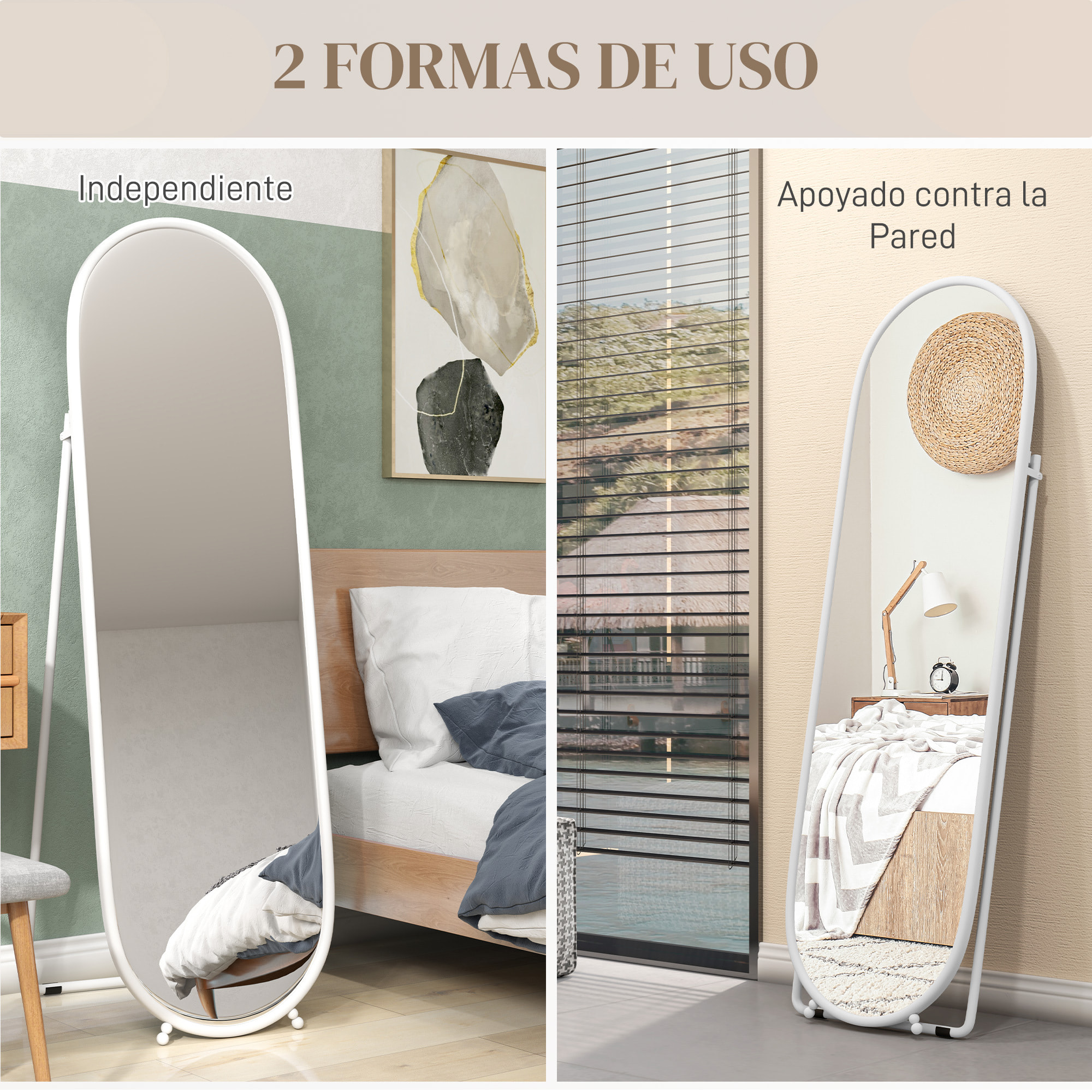 Espejo de Pie Cuerpo Entero 160x40 cm con Marco Metálico, Espejo de Pared Ovalado para Colgar con Soporte, 2 Formas de Uso, para Salón, Entrada y Dormitorio, Blanco