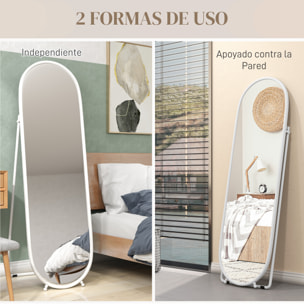 Espejo de Pie Cuerpo Entero 160x40 cm con Marco Metálico, Espejo de Pared Ovalado para Colgar con Soporte, 2 Formas de Uso, para Salón, Entrada y Dormitorio, Blanco