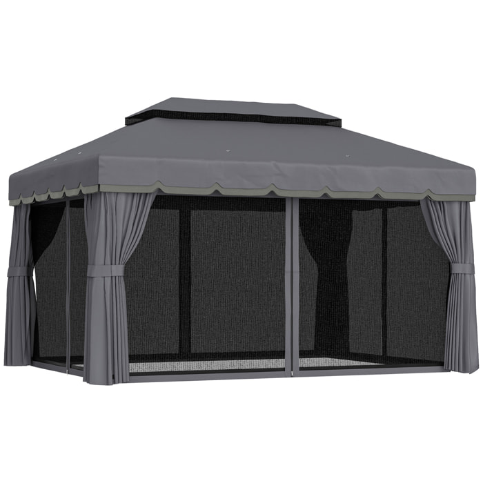 Cenador para Jardín 4x3 m Pérgola de Jardín Gazebo con Doble Techo de Ventilación Paredes Laterales Anti-UV Mosquiteras y Marco de Aluminio Carpa para Exterior Terraza Patio Gris