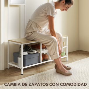 Perchero Zapatero con Espejo, Perchero Entrada Recibidor 4 en 1 con 3 Estantes, Banco, 10 Ganchos Ajustables, Estilo Moderno, para Pasillo, Dormitorio, Salón, 98x34x186 cm, Madera Natural