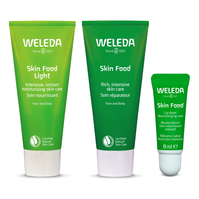 WELEDA - Trio rituel visage et corps- Skin Food Baume corps + Soin réparateur + Soin nourrissant (texture légère) - soins nutrition -  Certifié Natrue**- Pot 150ml, tubes 75ml