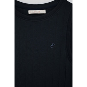 Vestito lungo blu marino a coste con monogramma ricamato