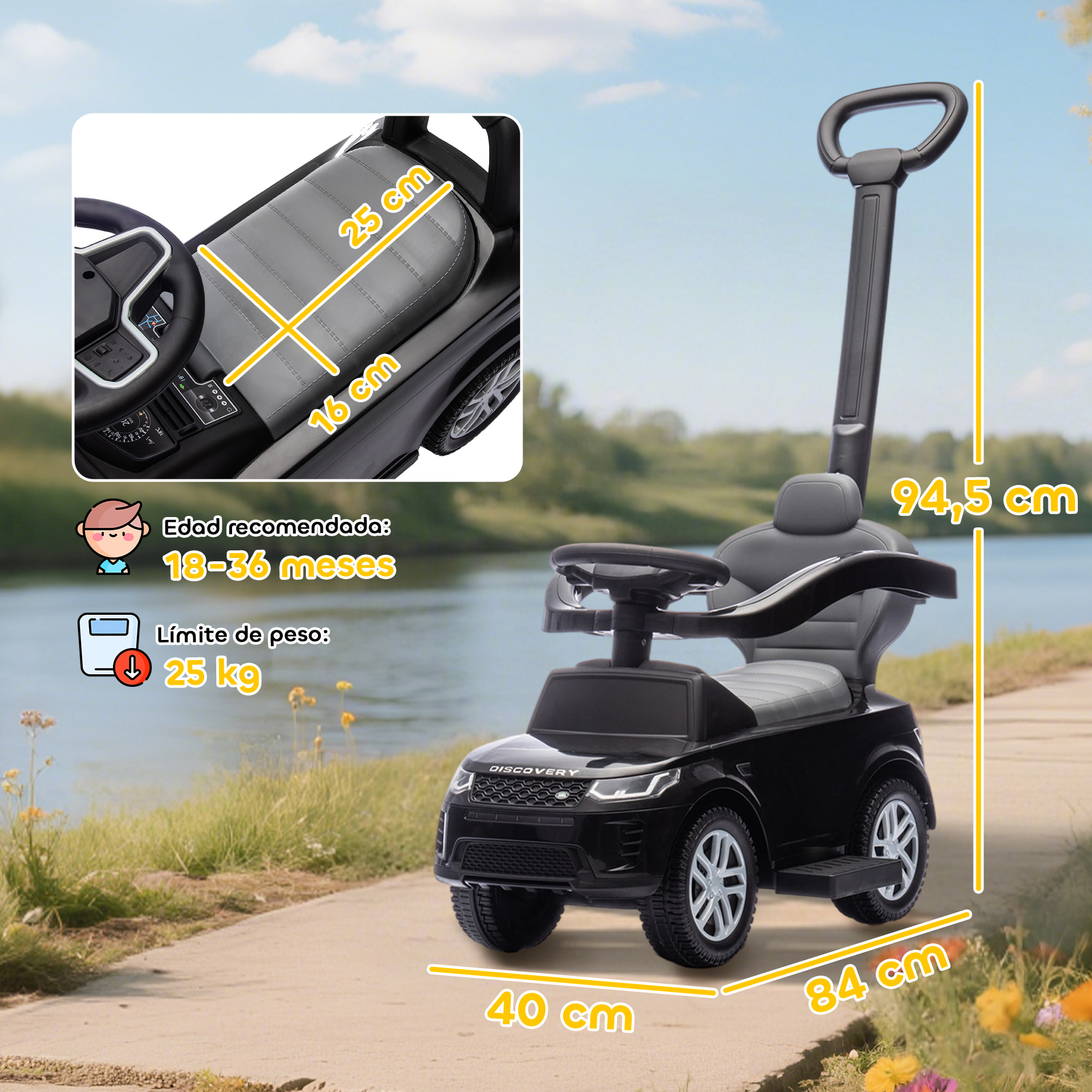 Coche Correpasillos 2 en 1 para Niños de 18-36 Meses LAND ROVER DISCOVERY, Correpasillos con Espacio de Almacenaje, Bocina, Volante, Mango de Empuje y Barandilla Extraíbles, Negro