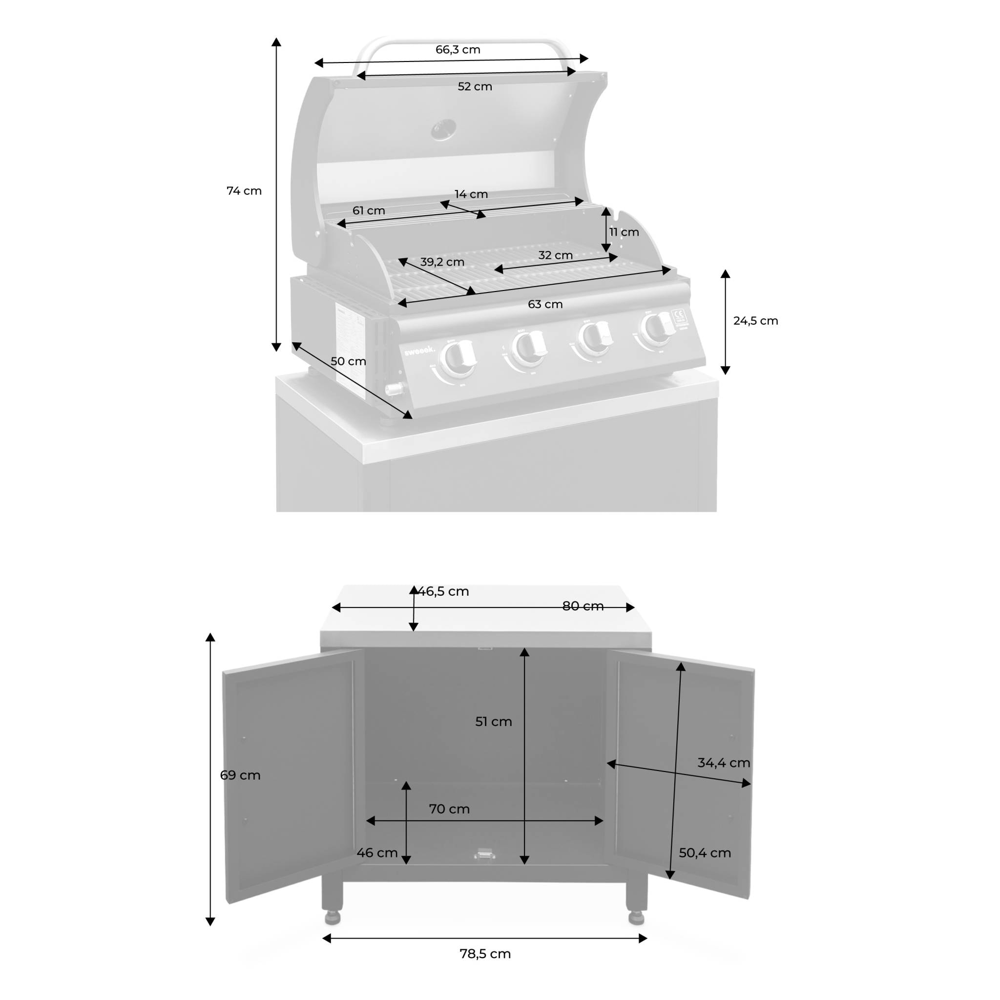 Barbecue à gaz avec 4 brûleurs à poser avec récupérateur de graisse + Meuble de cuisine extérieure en acier L80cm