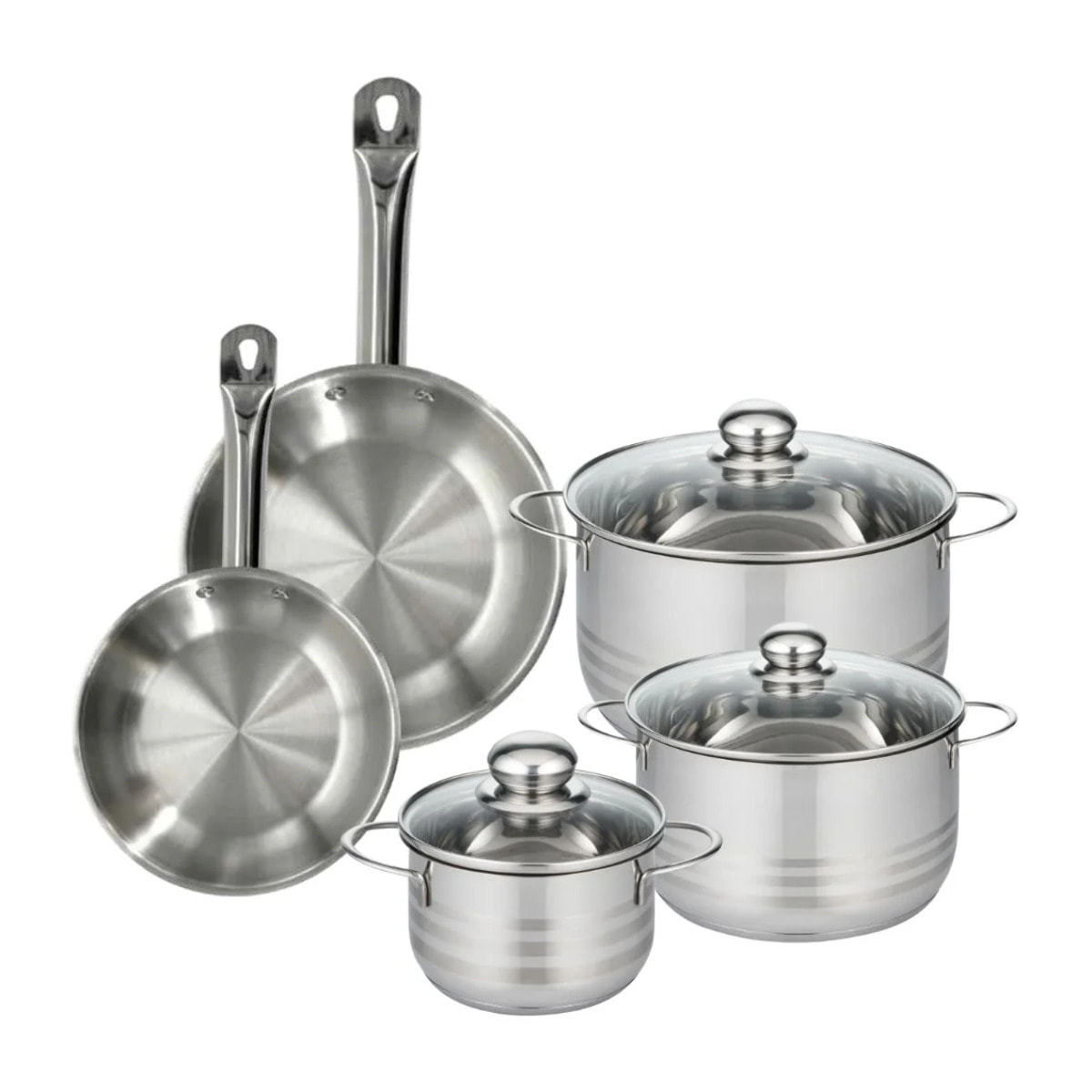 Set 2 poêles en inox, 3 faitouts inox Fackelmann Eterna