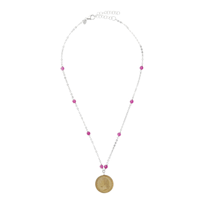 Collana Catena Rolo con Quarzite Fucsia e Pendente Moneta 20Lire