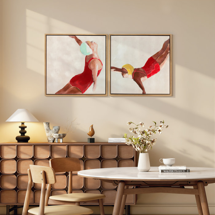 Cuadros en Lienzo de Figuras Dinámicas a Mano, 40x40 cm, 2 Piezas, Cuadros de Arte de Pared Enmarcados, Decoración Moderna para Dormitorio, Salón, Cocina, Rojo