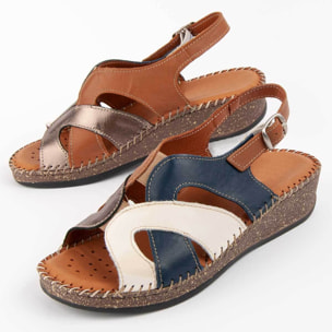 Sandalia De Cuña De Piel - Azul - Altura: 4 Cm