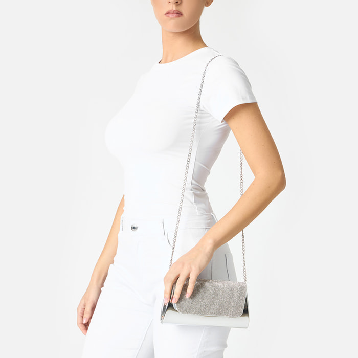 Pochette donna argento a specchio con pietre