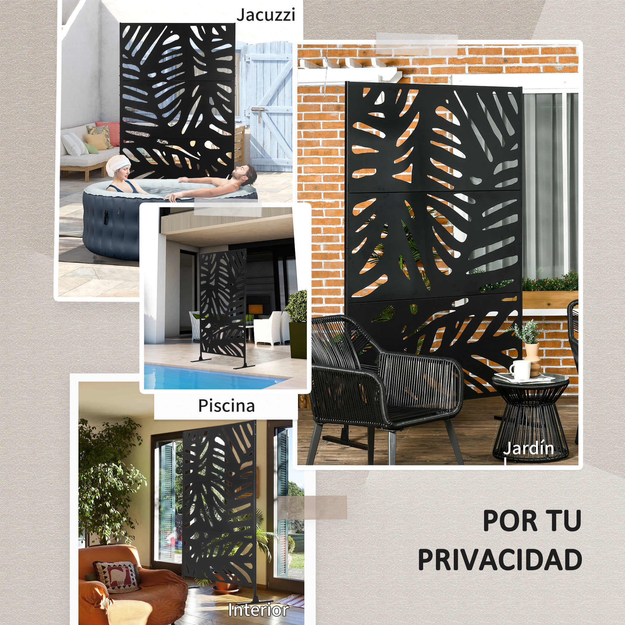 Biombo de 3 Paneles, 122x198 cm, Biombo Separador de Ambientes con Soporte y Tornillos de Expansión, Diseño de Hojas, para Exterior, Jardín, Patio, Terraza, Negro
