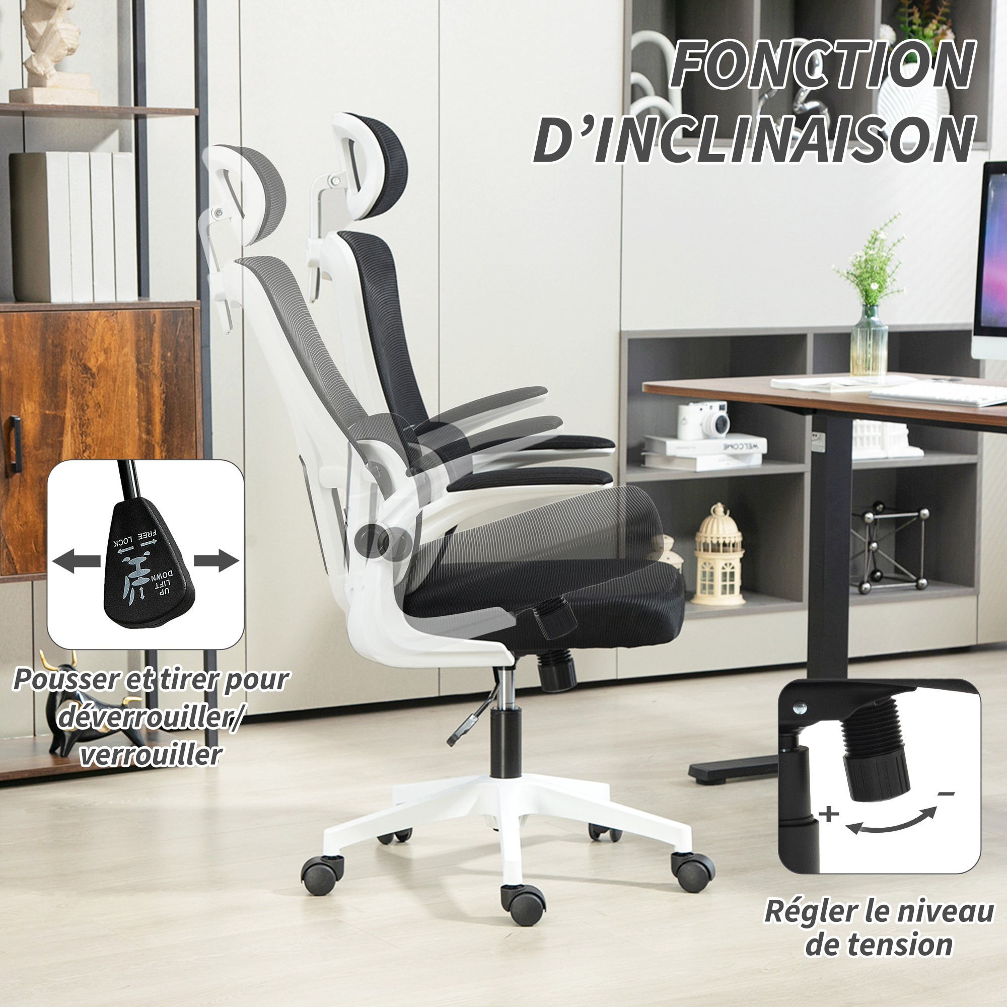 Fauteuil de bureau ergonomique réglable - fonction bascule, support lombaires, tétière ajustable - blanc noir