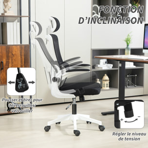 Fauteuil de bureau ergonomique réglable - fonction bascule, support lombaires, tétière ajustable - blanc noir
