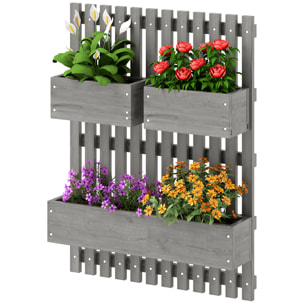 Jardinière murale avec treillis - lot de 3 jardinières murales - dim. 60L x 16l x 80H cm - bois sapin gris