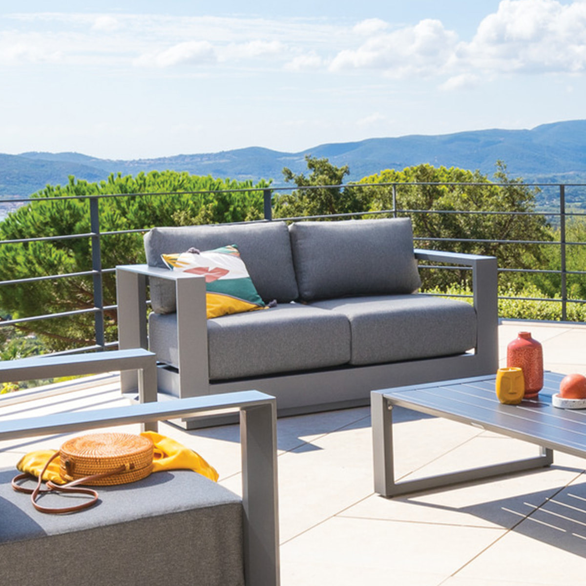 Canapé de jardin "Allure" 2 places graphite & gris zebrano en aluminium traité époxy