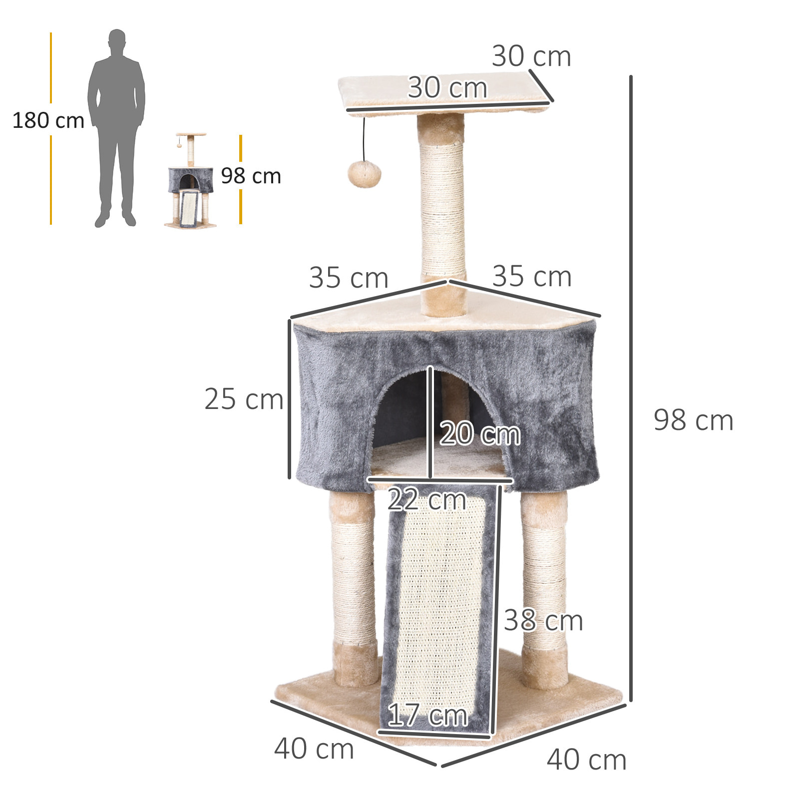 Árbol para Gatos de Felpa y Sisal 40x40x98 cm Gris y Beige