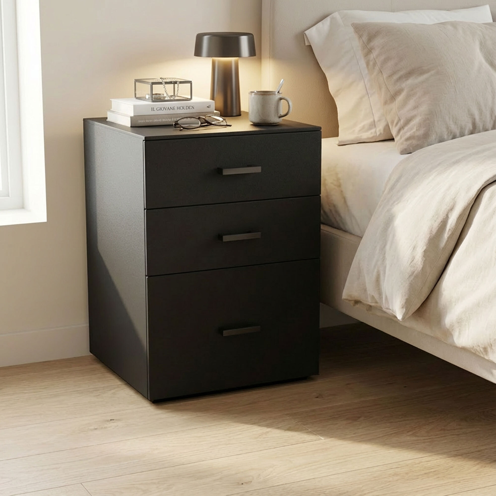 Lyra - Cassettiera Porta Stampante 3 Cassetti Mobiletto da Ufficio con Ruote in Legno MDF Nero