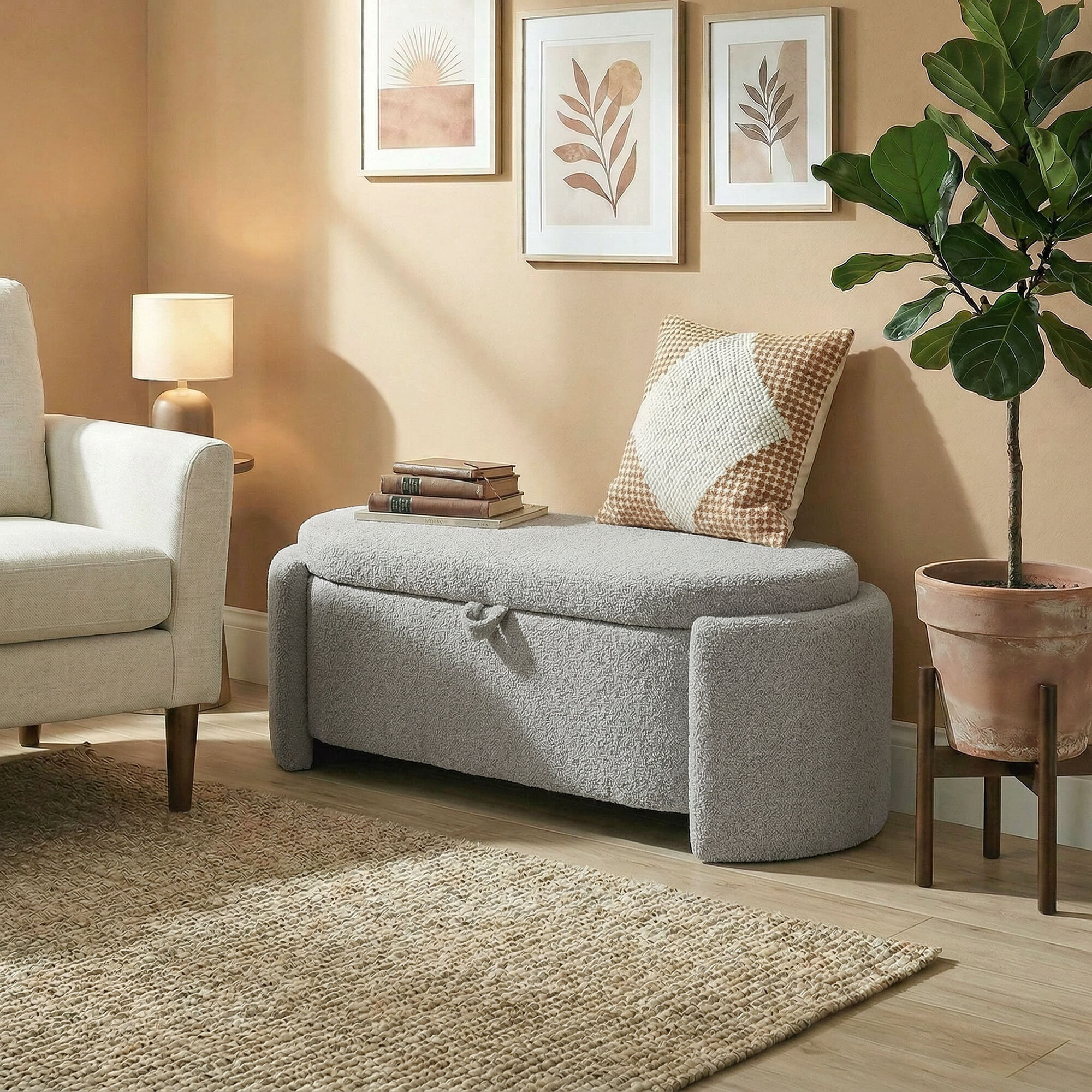 Puff Almacenaje, Banco Almacenaje Ovalado, 129x48,5x44 cm, Tapizado en Terciopelo de Teddy, Baúl de Almacenamiento, Carga 200 kg, Taburete para Sala de Estar, Dormitorio, Entrada, Gris Claro