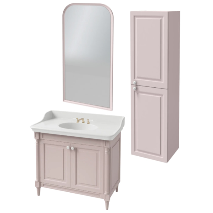 Pack meuble vasque 3 trous Cléo 1889 rose velours + colonne droite + miroir + mélangeur poignés or