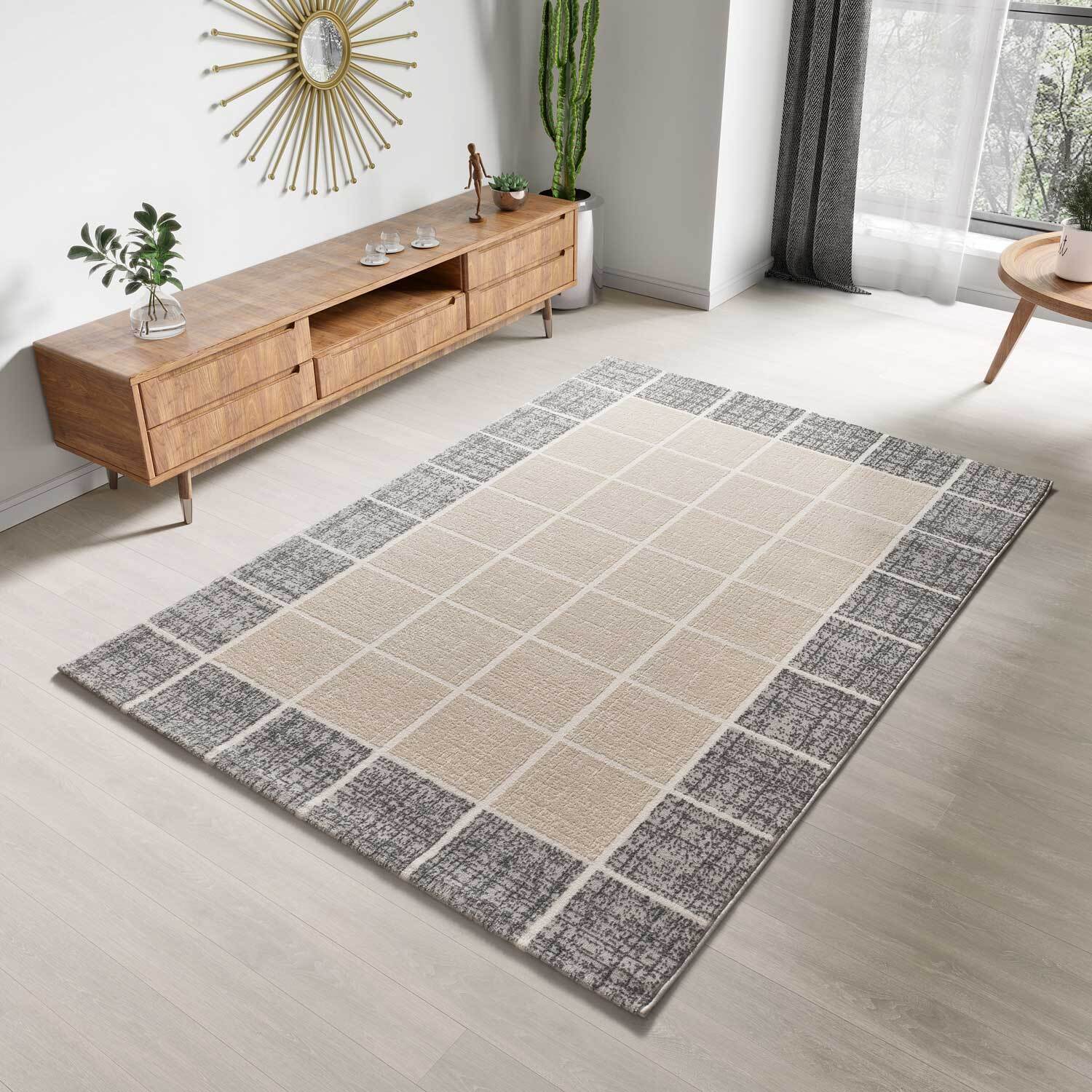 FLORA Alfombra geomÃ©trica con relieve en tonos beige y gris, varias medidas disponibles
