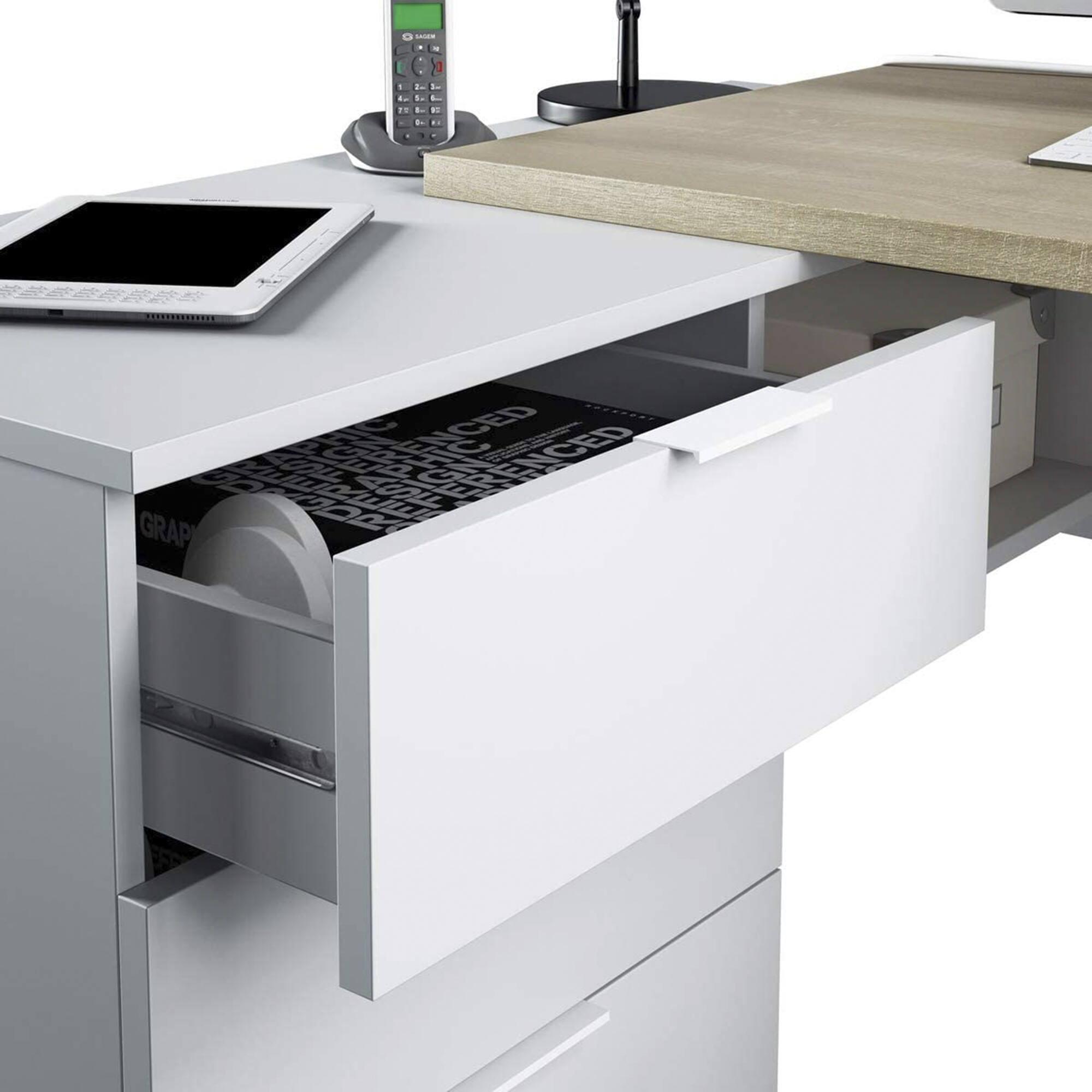 Scrivania Agnello, Scrittoio multifunzione reversibile da ufficio con cassettiera, Tavolo da studio o ufficio porta PC ad angolo, 145x108h73 cm, Rovere e Bianco