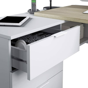 Scrivania Agnello, Scrittoio multifunzione reversibile da ufficio con cassettiera, Tavolo da studio o ufficio porta PC ad angolo, 145x108h73 cm, Rovere e Bianco