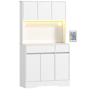 Buffet haut armoire cuisine design LED 6 portes 4 étagères 2 tiroirs grand plateau blanc