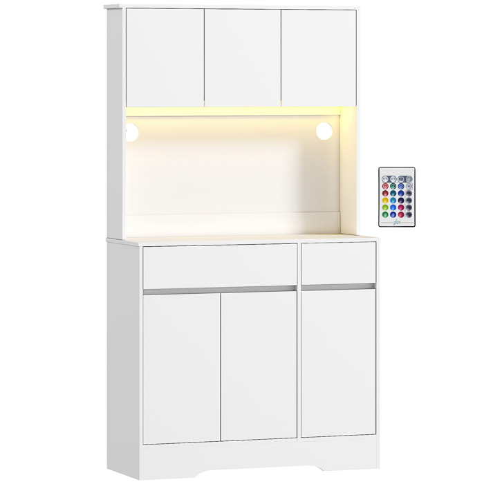 Buffet haut armoire cuisine design LED 6 portes 4 étagères 2 tiroirs grand plateau blanc