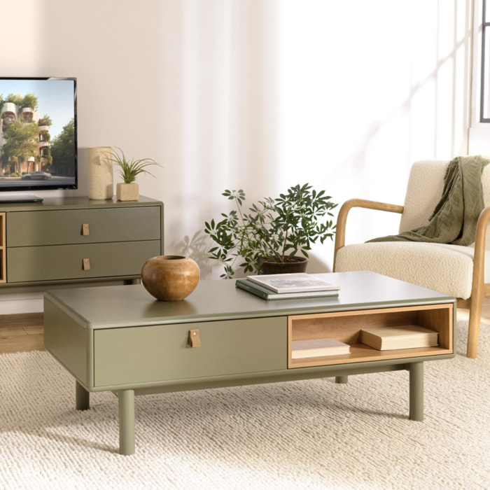 ETHAN - Table basse 2 tiroirs et 2 niches en bois naturel vert