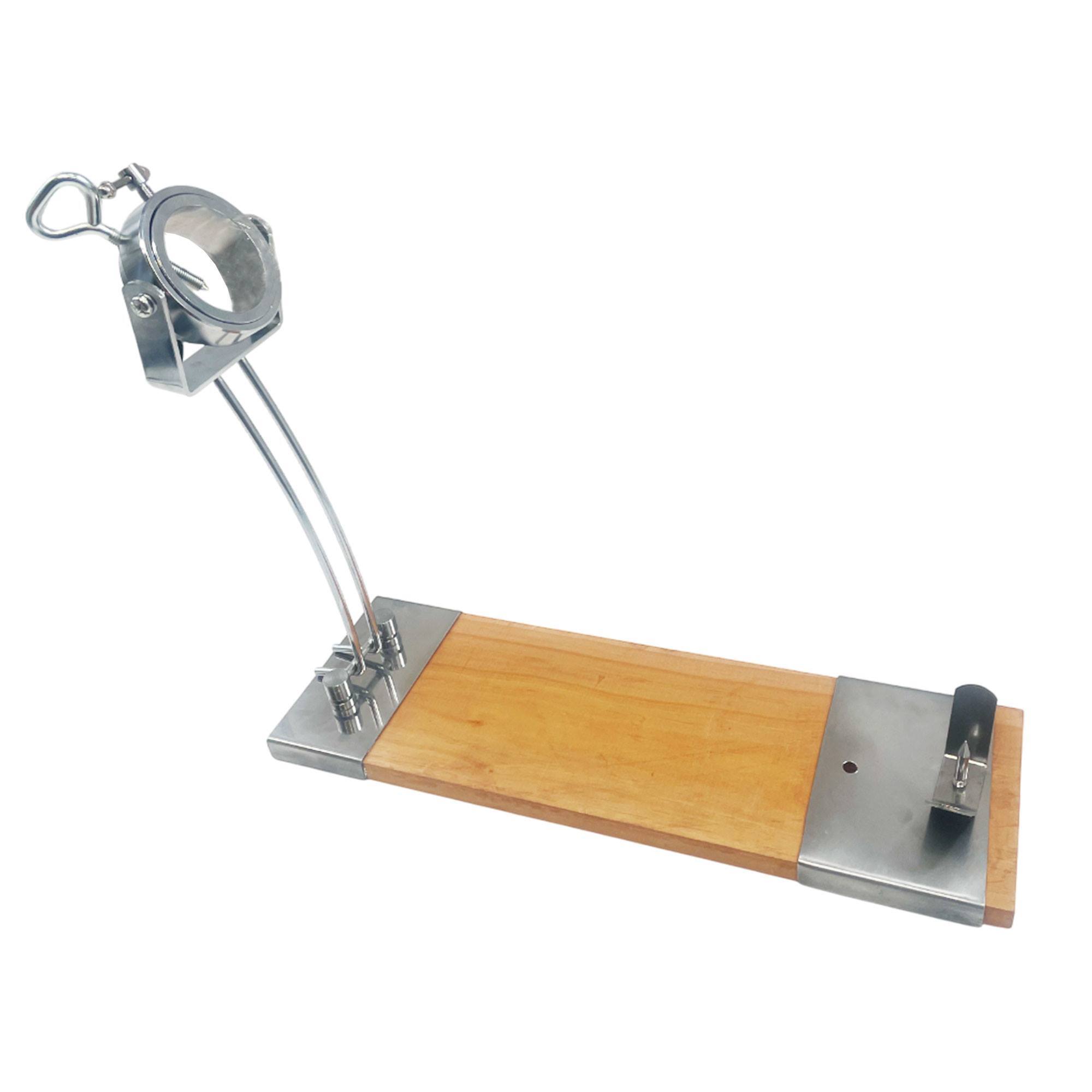 jamonero iberia luxe con cabezal giratorio, base de madera y acabados en acero inoxidable