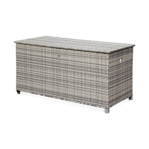 Coffre de jardin en résine tressée - Cassapanca Nuances de Gris - 790L. vérins. roulettes. poignée et housse intérieure écrue. rangement coussins 162x82cm