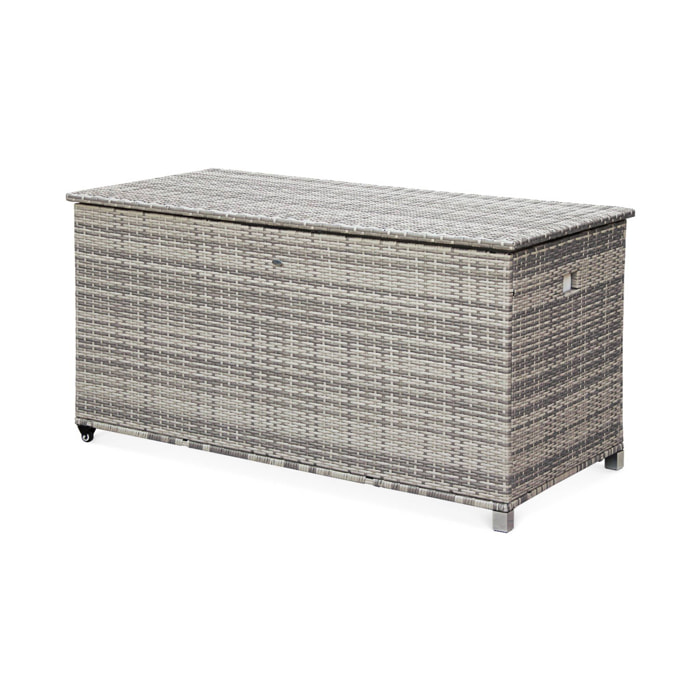 Coffre de jardin en résine tressée - Cassapanca Nuances de Gris - 790L. vérins. roulettes. poignée et housse intérieure écrue. rangement coussins 162x82cm
