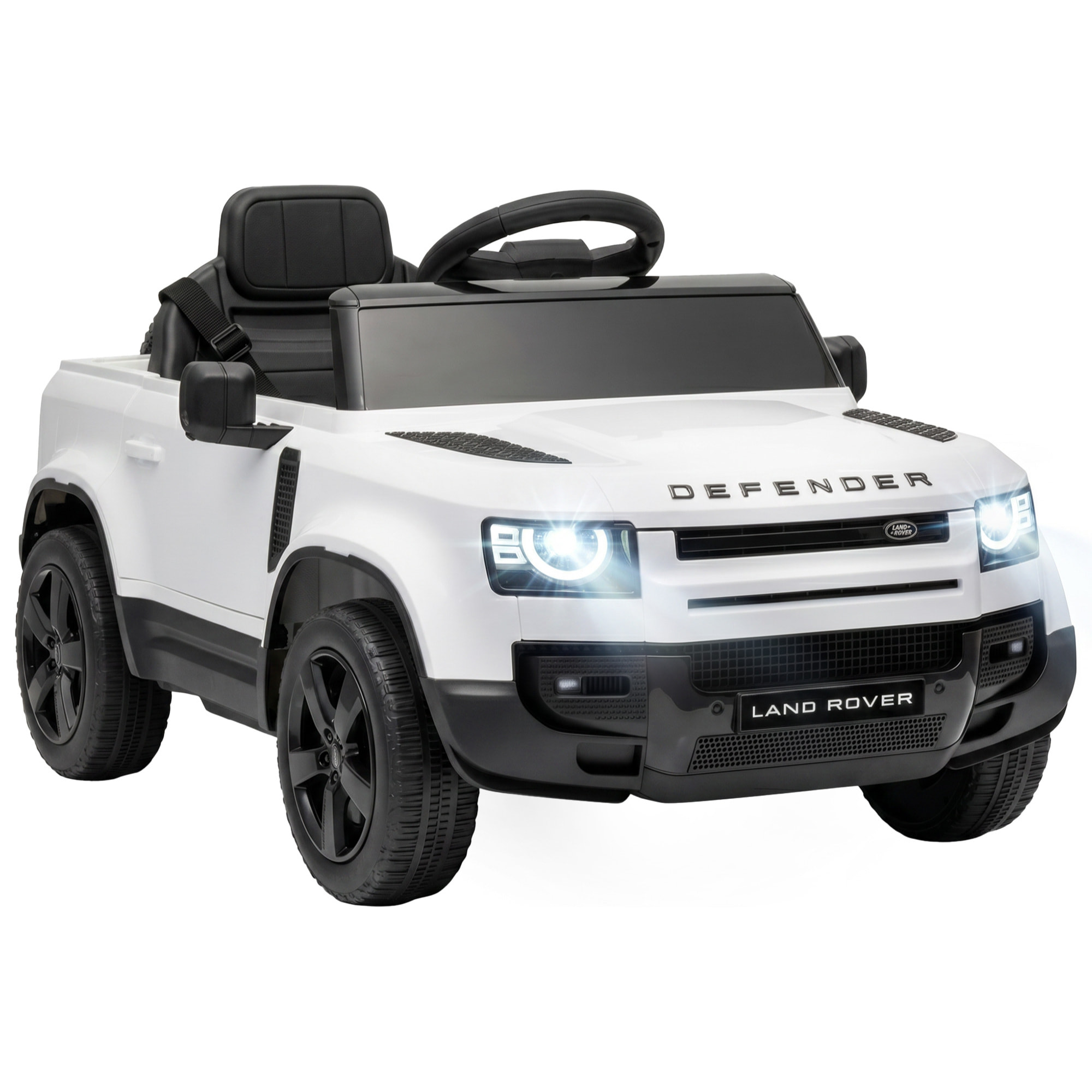 AIYAPLAY Coche Eléctrico SUV para Niños Land Rover Defender Coche de Batería 12 V Mando a Distancia 2,4G Suspensión Arranque Suave 2,7-4,5 km/h Rueda Auxiliar Luces LED Música Claxon 3-5 Años Blanco