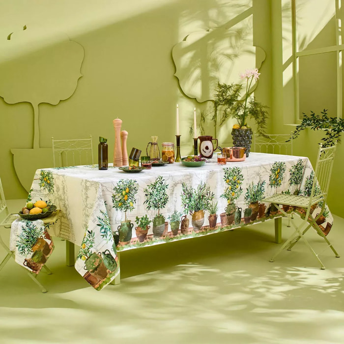 Nappe lin & coton lavé 190 g/m² imprimé vert marron Jardin provencal olive