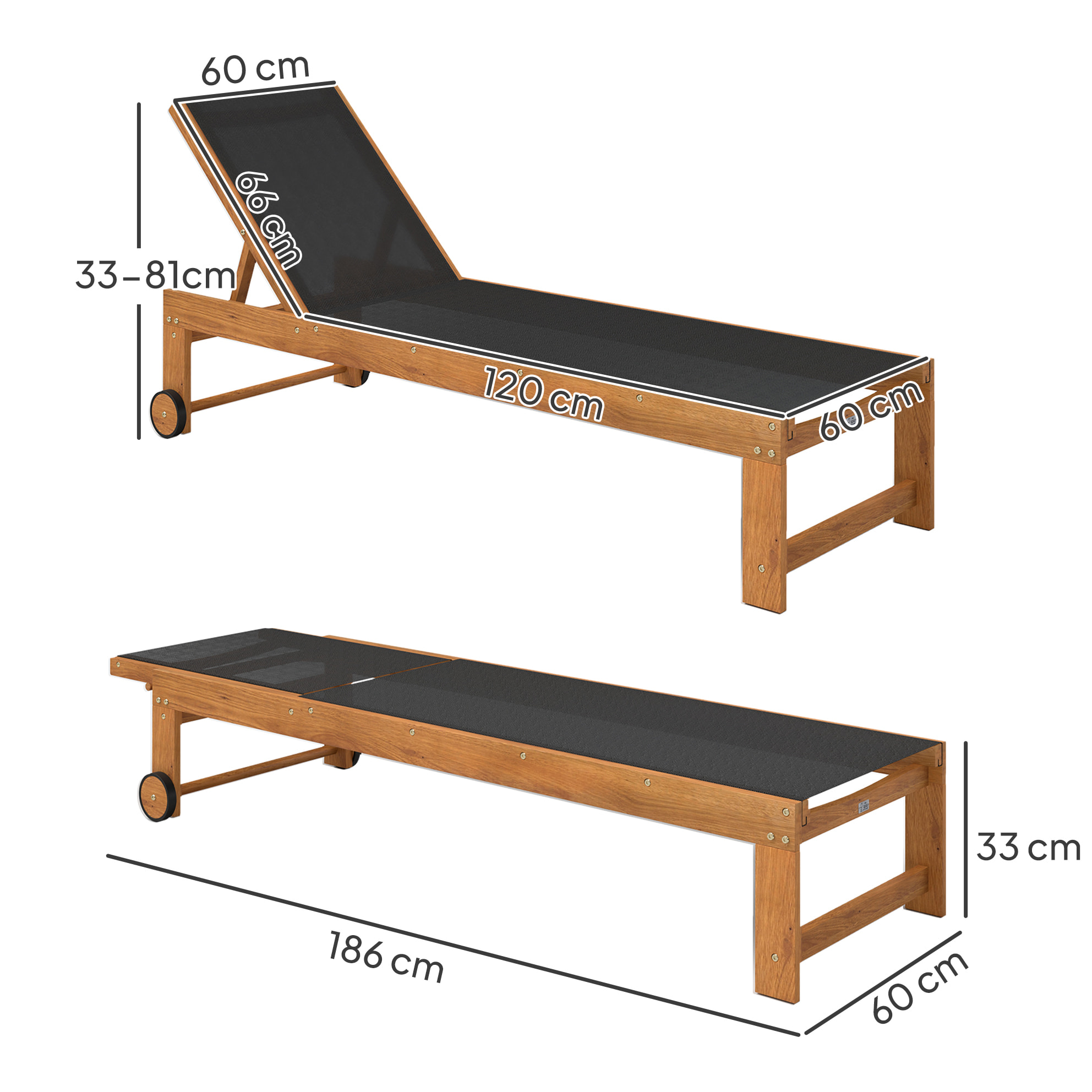 Tumbona de Madera de Acacia Tumbona de Jardín Exterior con Ruedas Respaldo Ajustable en 4 Niveles Carga 160 kg Tumbona para Patio Terraza Balcón Teca y Negro