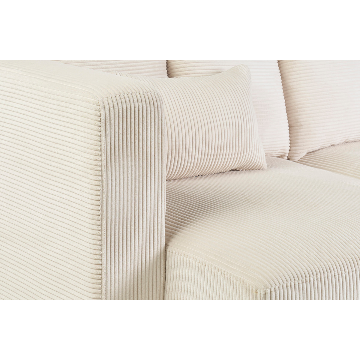 Canapé d'angle gauche 3 places en tissu velours côtelé beige et bois clair HARLEM