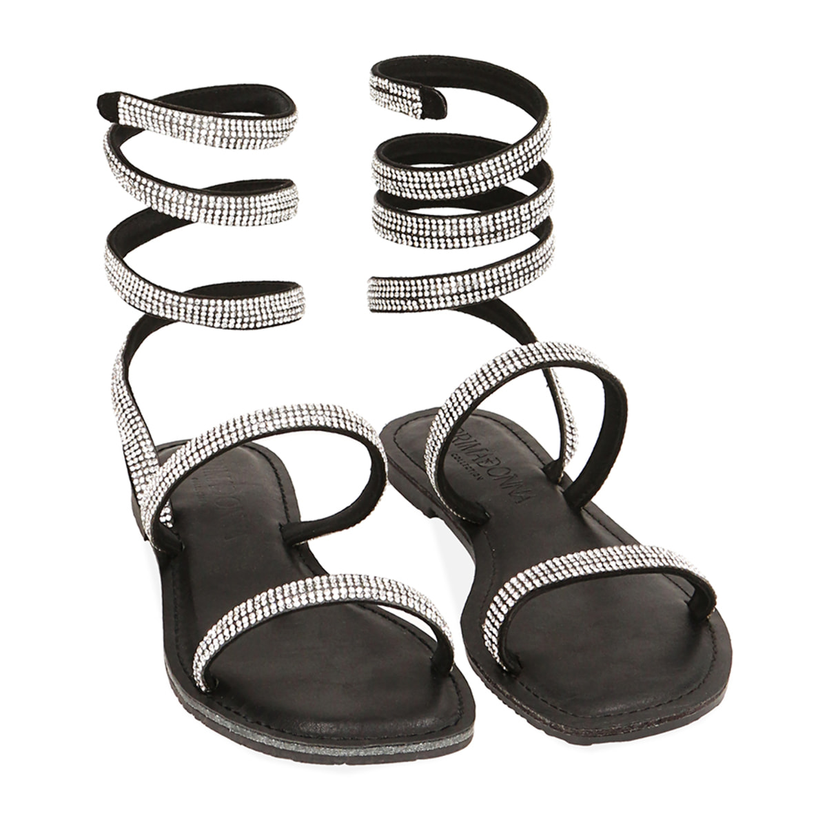 Sandalias planas negras de microfibra con piedras