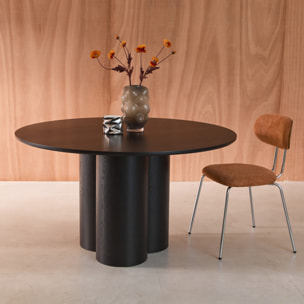 Table à manger ronde bois d'hévéa et placage chêne noir 4 places 130cm - Leonore