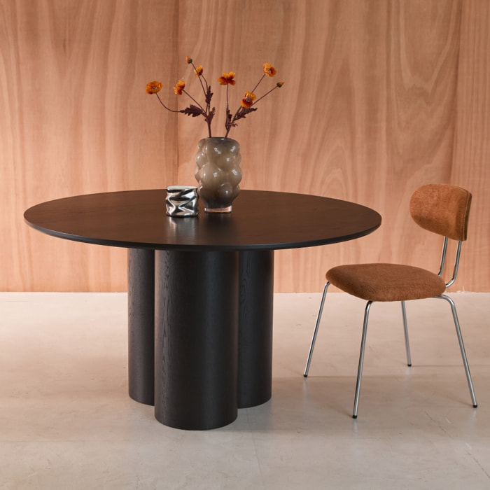 Table à manger ronde bois d'hévéa et placage chêne noir 4 places 130cm - Leonore