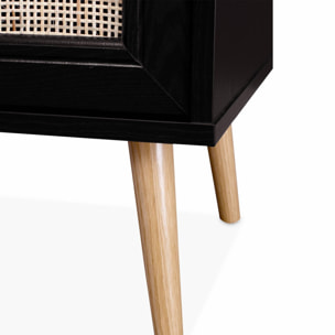 Table de chevet en cannage - Bohème - 40x39x65.8cm. noir - 2 niveaux - 1 porte - 1 espace de rangement - pieds scandinaves